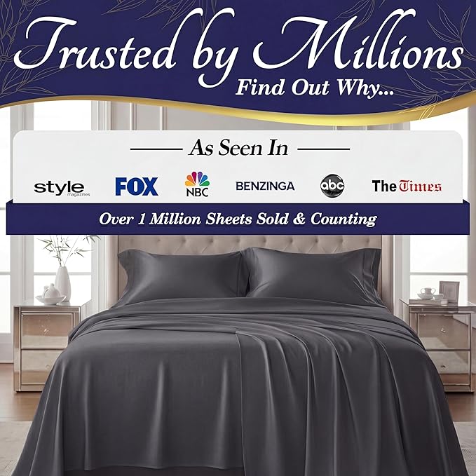 DECOLURE 100% Viscose Derived from Bamboo Sheets Queen Size - Luxury 4 Pc Naturally Cooling Sheets, Ultra Soft Bed Set - Deep 17" Pockets, Durable Double Stitching, Oeko Tex Standard (Charcoal)