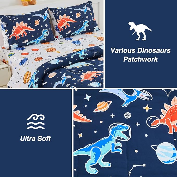 A Nice Night 5pc Glow in The Dark Kids Comforter Set,Dinosaur Galaxy Printed, Space Bedding Set Twin Size for Boys Girls Teen