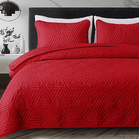 Whale Flotilla Soft Queen Size Quilt Set for All Seasons, 3-Piece Ultrasonic Geometric Quilts Bedding Set, Lightweight Reversible Bedspread, Coverlet, Bed Cover with 2 Pillow Shams, Red