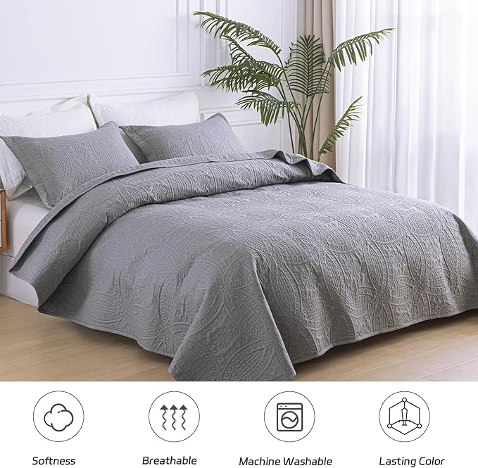 SheRest King Quilt Bedding Set - Gray Soft Breathable Bed Quilt, Modern Style Embossed Bedspreads, Lightweight Microfiber Reversible Coverlet for All Seasons-3 Pieces (1 Quilt,2 Pillow Shams)