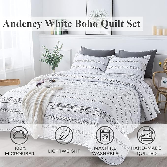 Andency White Quilt Set Queen (90x96 Inch), 3 Pieces(1 Boho Printed Quilt and 2 Pillowcases), Bohemian Summer Lightweight Reversible Microfiber Bedspread Coverlet Sets