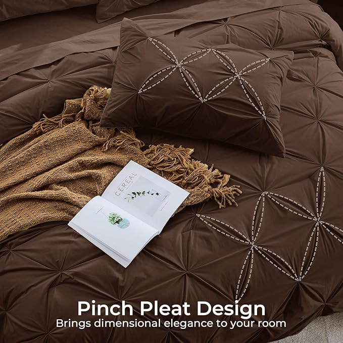 Sasttie Twin Comforter Set, 5-Piece Bed in a Bag, Pintuck Bedding Sets for All Season, Includes Comforter, Flat Sheet, Fitted Sheet, Pillowcase and Pillowsham, Dark Brown