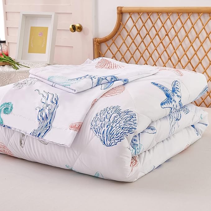 JSD Beach Theme Kids Comforter Set Full Size, 3 Piece Jellyfish Starfish Shell Printed Comforter with Pillow Shams, Lightweight All Season Washable
