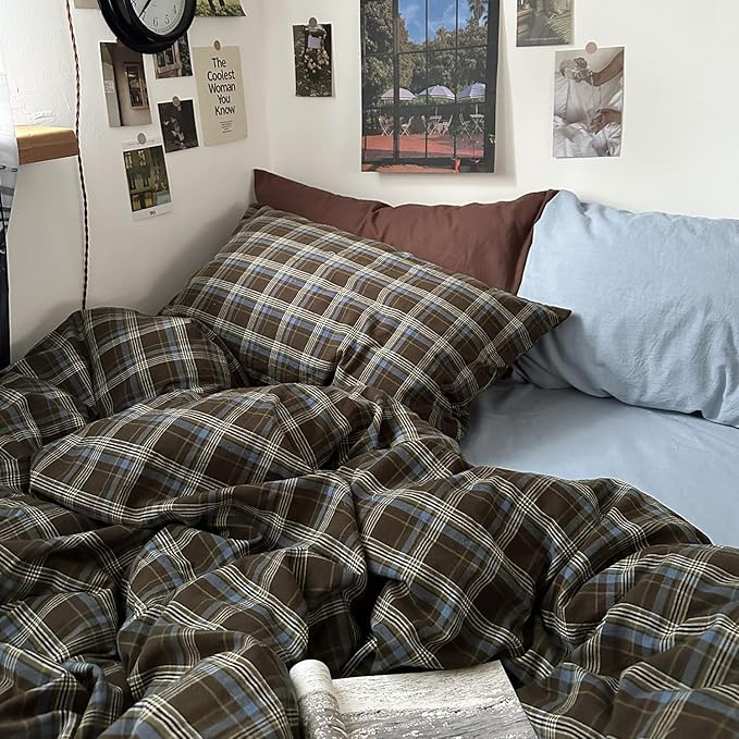 mixinni Vintage Brown & Blue Buffalo Plaid Duvet Cover Set King Size - 3 Piece Washed Cotton Bedding Set with Grid Pattern, Soft & Breathable Duvet Cover with Pillowcases for All Seasons