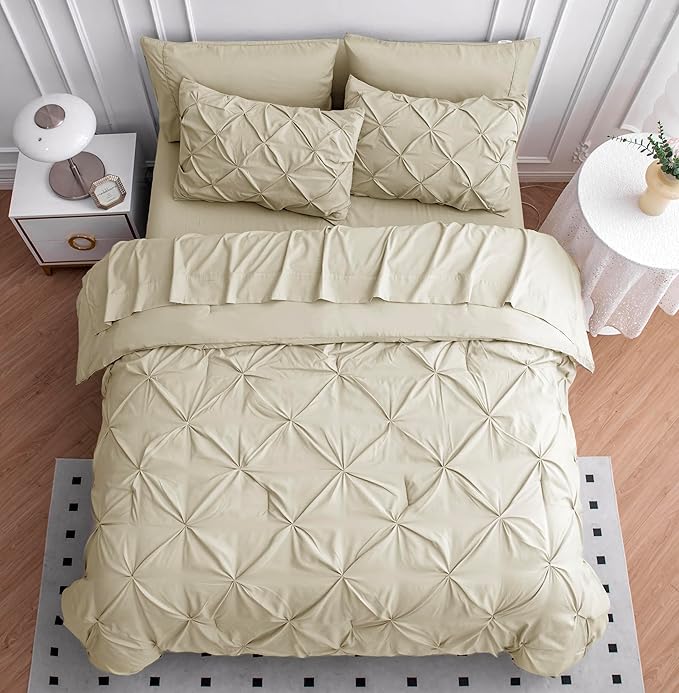 LANE LINEN Full Size Bed in a Bag Comforter - Set of 7 Piece - All-Season Luxury Down Alternative - Classic Pintuck All in One Bedding Collection - Ideal Bedding for Apartments & First Homes – Linen | Timeless style, Breathable comfort, Light cozy fill...