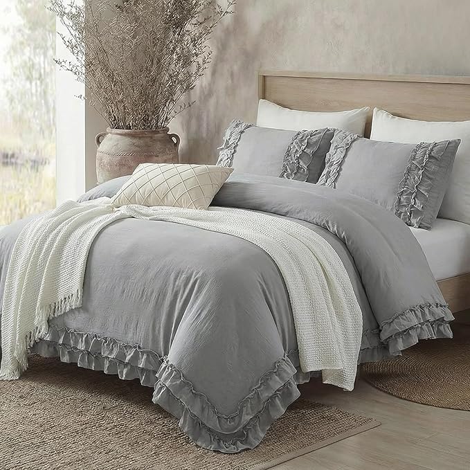 Bedorm Gray Twin Duvet Cover Set Ruffle Bedding Set Pleat Ruffled Shabby Chic Comforter Cover Extra Soft & Easy Care Gray Boho Duvet Cover with Zipper Closure