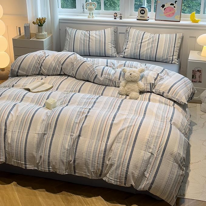 mixinni Vintage Blue and White Striped Duvet Cover Set King - 100% Washed Cotton 3 Piece Bedding Set with Geometric Pattern, Soft Breathable Comforter Cover with Zipper Closure & Corner Ties