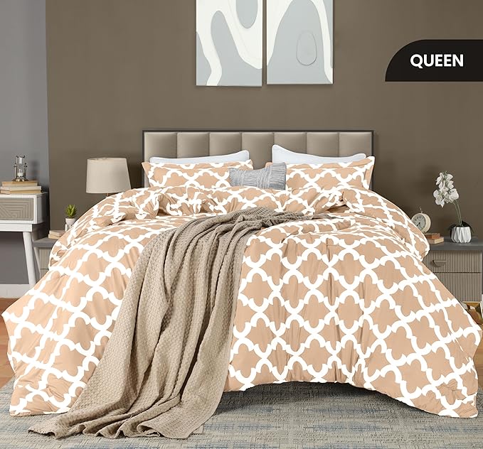 Utopia Bedding Queen Comforter Set 3 Piece Beige, Printed Comforters Queen Size, Bedding Comforters Sets, Down Alternative Soft Bed Set, 1 Comforter (88 x 88 inches) 2 Pillow Shams (20 x 26 inches)
