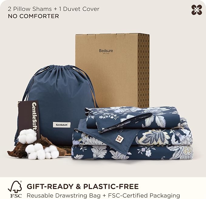 Bedsure 100% Cotton Reversible Duvet Cover Queen Size - Vintage Navy Floral Pattern Printed Comforter Cover with Zipper Closure & 2 Pillow Shams, Comforter Not Included (Vintage Navy Floral, 90"x90")