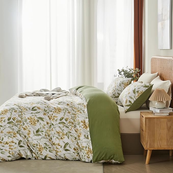 White Green Floral Duvet Cover Set King Size Farmhouse Bedding Set Microfiber Soft Cozy Reversible Comforter Cover Alternative Down Pillowcases Cottage Bedrooms Garden Aesthetic Home Bedding Décor