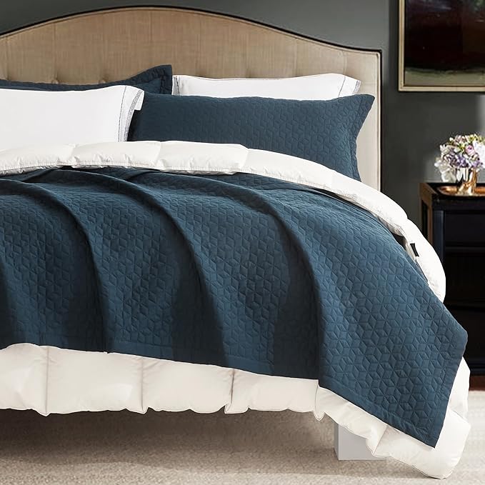 Oversized King Bedspread 128x120 Extra Wide, Modern & Contemporary Look, Lightweight Bedding Cover, Reversible, 5 Piece, 100% Microfiber, Navy Blue