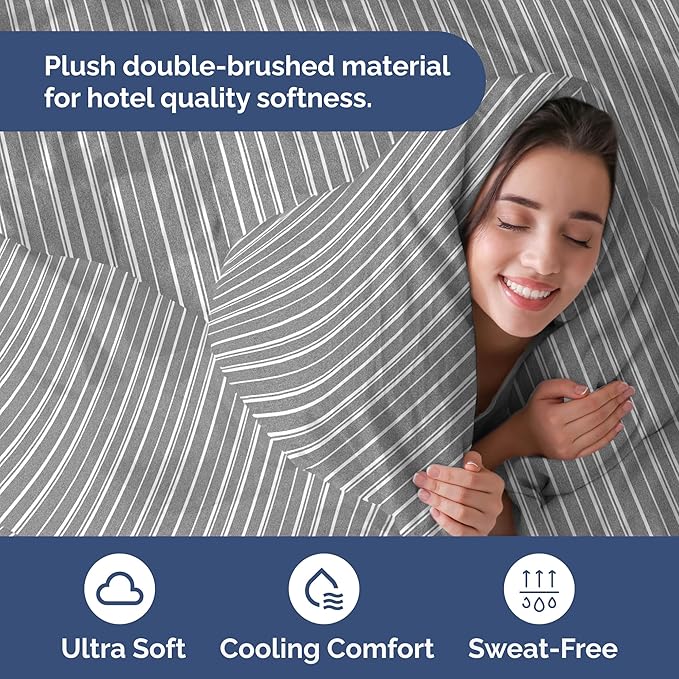 Duvet Cover Full Size - Extra Soft Full Size Duvet Cover - Lightweight & Breathable - Easy Care & Fade Free with Zipper Closures & Ties - 80" x 90" Inches - (Grey Stripes 3) Comforter Not Included