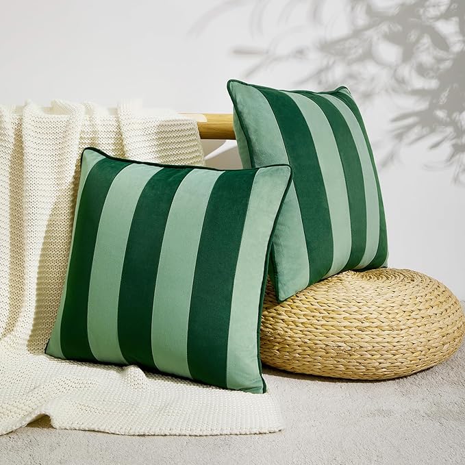 MONDAY MOOSE Decorative Throw Pillow Covers Cushion Cases, Set of 2 Soft Velvet Striped Piping Edge Designs, Pillow Inserts Not Included (22x22 inch, Green/Light Green)