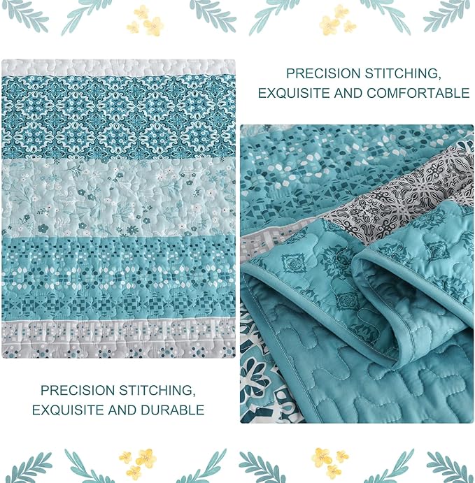 WONGS BEDDING Boho Quilt Set Full Size,Teal Bohemian Striped Patchwork Bedspread Set,3 Pieces Microfiber Bedding Set for All Seasons (78"x90")