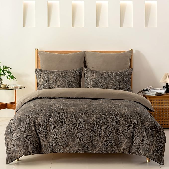Lekesky King Size Duvet Cover Set, Reversible King Comforter Cover with Tropical Leaves Pattern, Soft 100% Washed Microfiber 3 Pieces Khaki Bedding Set with Zipper and 2 Pillowcases