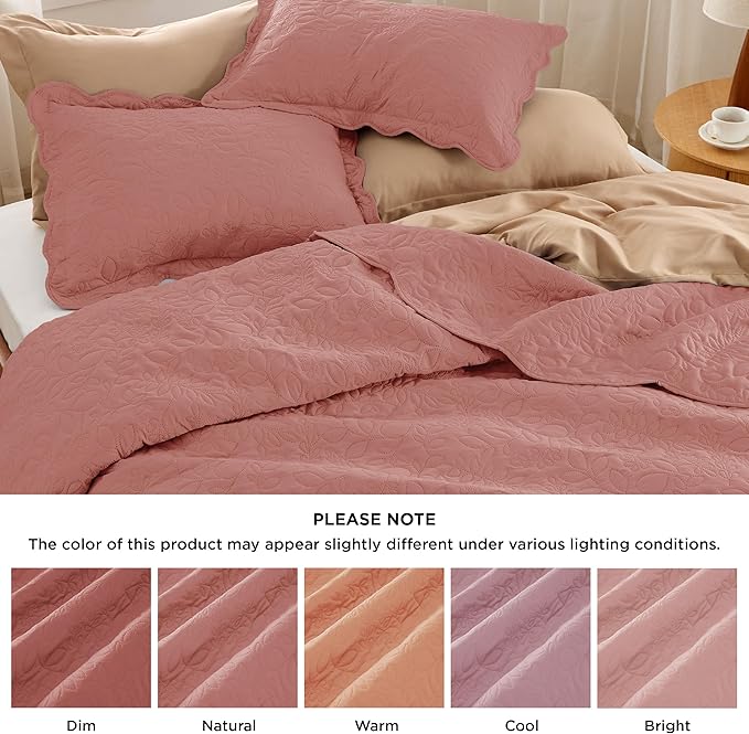 Bedsure Quilts Queen Size - Ultra Soft Pre-Washed Bedspread - Lightweight Grayish Pink Comforter - Cloud Bedding with Leaf Design 90x96 Inch