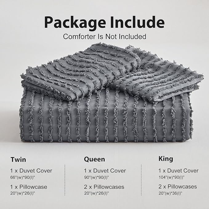 WARMDERN Boho Duvet Cover Set Queen Size,Dark Grey Striped Duvet Cover Microfiber Bedding Set,3PCS Ultra Soft Breathable Lightweight Tuft Texture Duvet Covers with Zipper Closure(Dark Grey,Queen)