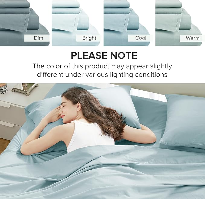 Comfort Spaces 100% Cotton Sheets Queen, Breathable, Soft Cotton Sheets, Naturally Cool Cotton Bed Sheets with 14" Elastic Pocket Fits up to 16" Mattress, All Season Sheet Set, Light Blue 4 Piece