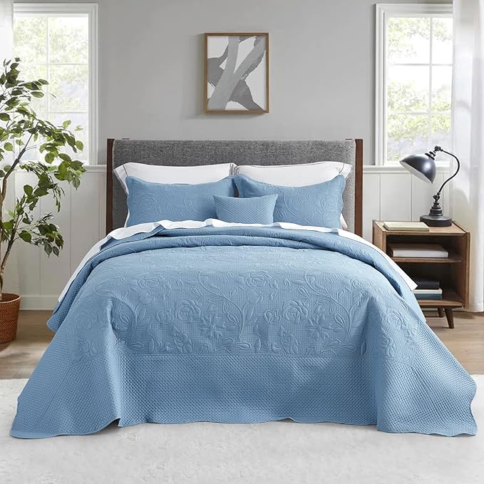 CHIXIN Oversized Bedspread Coverlet Set King Size - Lightweight Bedding Cover - Ultrasonic Quilting - 5 Piece Reversible Bedspread - Vintage Rose Pattern (King, Ashley Blue)