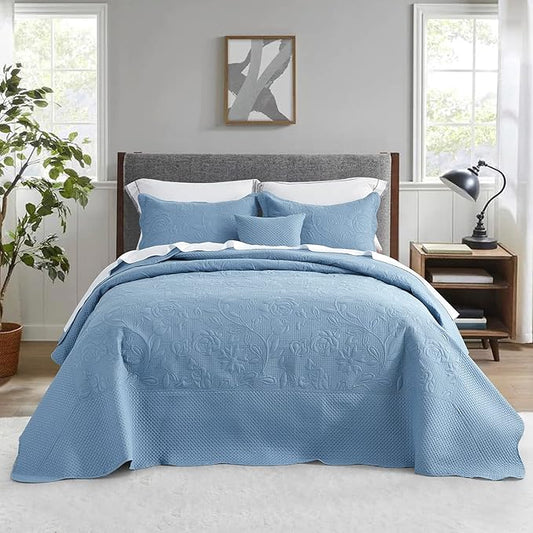 CHIXIN Bedspread Coverlet Set Queen Size - Lightweight Bedding Cover - Ultrasonic Quilting - 5 Piece Reversible Bedspread - Vintage Rose Pattern (Queen, Ashley Blue)