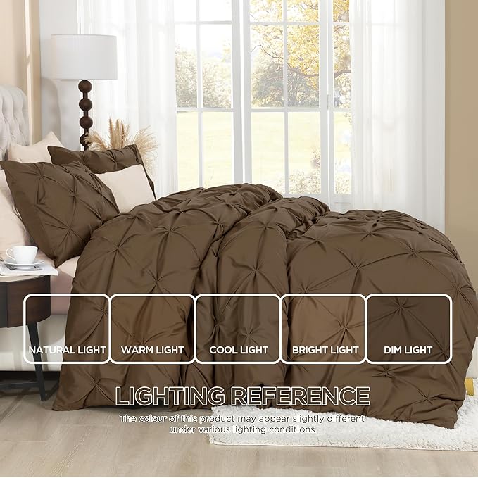 Litanika Brown California King Pinch Pleat Duvet Cover, 3 Pieces Pintuck Cover Soft Microfiber Bedding Set with Zipper Closure & Corner Ties(1 Duvet Cover, 2 Pillowcases)