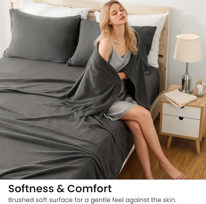 Love's cabin Fleece King Sheet Set - 4 Pcs Dark Grey Winter Soft Plush Polar Fleece Bed Sheets Set with 16" Deep Pocket,Cozy Warmth for Cold Season(1 Flat Sheet,1 Fitted Sheet,2 Pillow Cases)