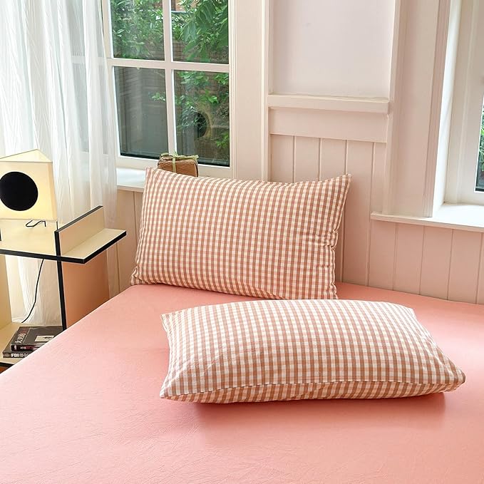 LifeTB Queen Comforter Set Pink Gingham Comforter Modern Style Blush Plaid Comforter Set 3 Pieces Grid Checkered Comforter with 2 Pillowcases Fluffy Soft Boho Gingham Bedding Set Queen Size