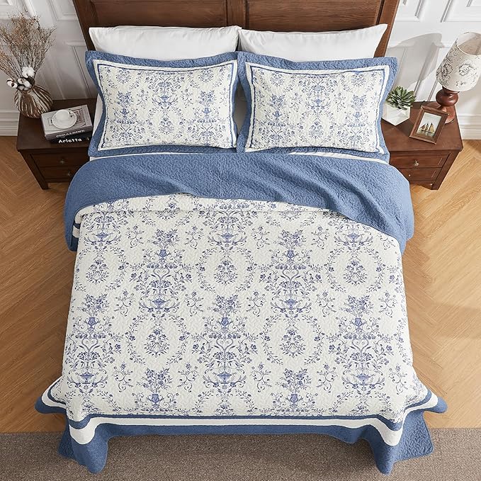 Oversized California King Bedspread - 100% Cotton Lightweight Quilted Coverlet - Soft Reversible Bedding, Medallion Floral Design - Includes 1 Bedspread (128x120)+2 Pillow Shams Blue/White