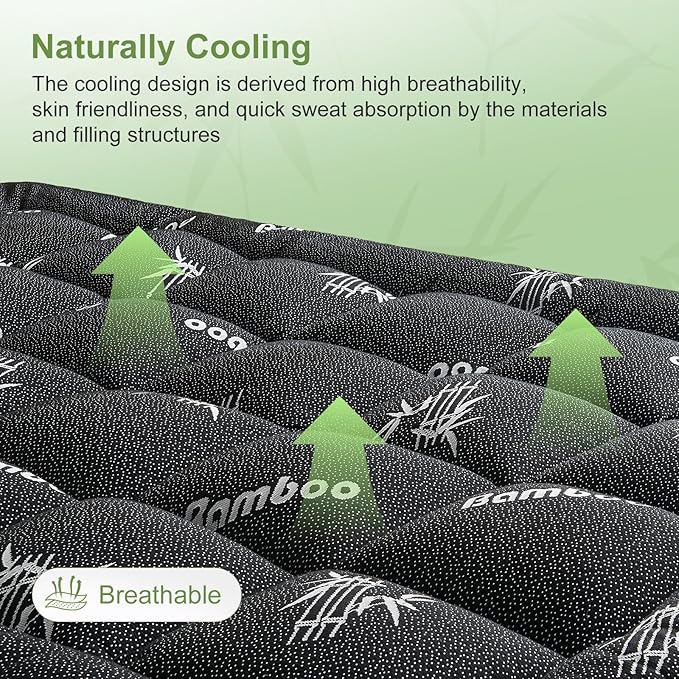 Full Size Mattress Topper Viscose Derived from Bamboo, Soft Thick Pillow Top Mattress Pad Cover for Back Pain, Cooling Mattress Protector with 8-21 Inch Deep Pocket, Dark Grey