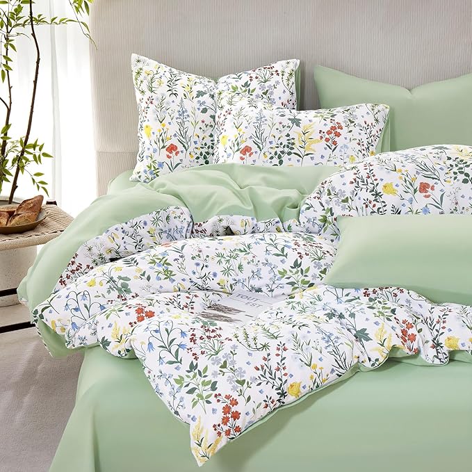 Wake In Cloud - Floral Duvet Cover Set, Shabby Chic Cottage Garden Botanical Flower Style with Elegant Wildflower Pattern, Soft Lightweight Bedding, 3 Pieces, Multicolor Green, Twin/Twin XL Size