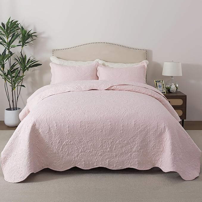 HoneiLife Queen Size Quilt Sets - 3 Piece Queen Quilt Bedding Set Microfiber Quilt Set Lightweight Bedspreads Reversible Coverlets Retro Bed Cover Floral Bedding Set All Season Quilts-Light Pink