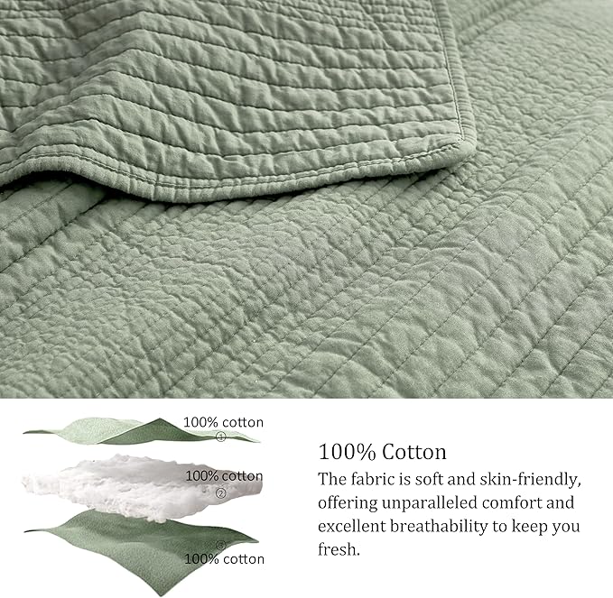 palassio Striped Sage Green 100% Cotton Quilt Twin Size Bedding Sets, Lightweight Crinkly Channel Pick Stitch Textured Bedspread Soft Shabby Chic Farmhouse Country Coverlet for All Season, 1 Sham