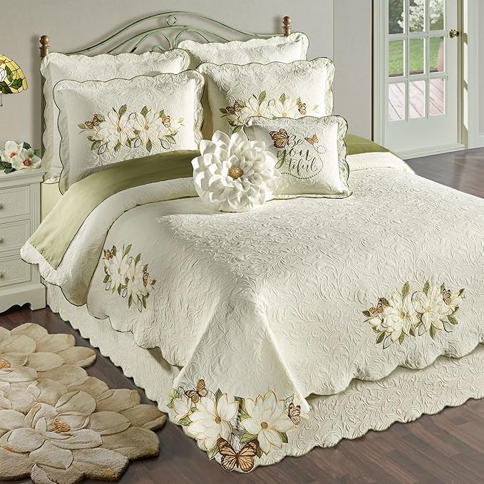 Sweetbay Garden Luxury Matelasse Bedding | Magnolia, Butterfly, & Leaf Velvet Appliques | 4-Pc Ivory Textured Scroll Lightweight Bed Set: Queen Coverlet, Bedskirt, 2 Standard Shams, & 2 Accent Pillows