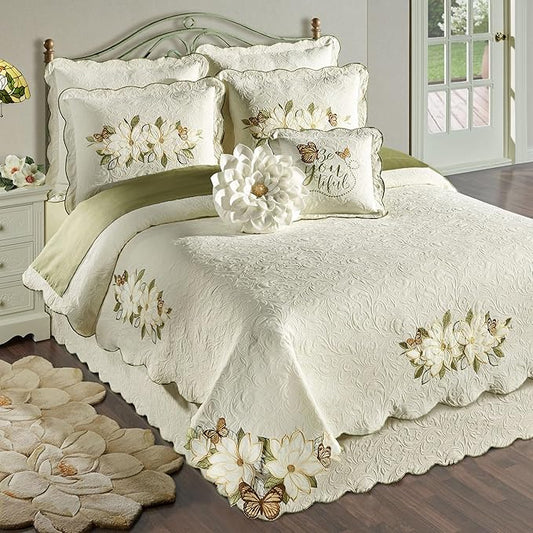 Sweetbay Garden Luxury Matelasse Bedding | Magnolia, Butterfly, & Leaf Velvet Appliques | 4-Pc Ivory Textured Scroll Lightweight Bed Set: Queen Coverlet, Bedskirt, 2 Standard Shams, & 2 Accent Pillows