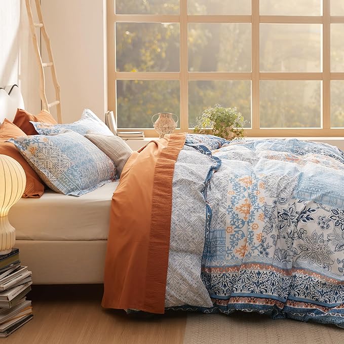 Bedsure Duvet Cover Queen Size - 100% Cotton Reversible Floral Queen Duvet Cover Set with Zipper Closure, 3 Pieces Soft & Breathable Bohemian Blue Bedding Set with 2 Pillow Shams 20"x26"