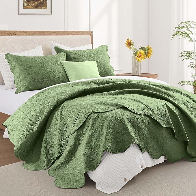 IR Imperial Rooms King Quilt Bedding Set Size (106" x 96") + 2 Pillow Shams (20" x 36"+ 2") - 3 Pcs All Season Lightweight Reversible Microfiber Coverlet Floral Embossed Quilt Bedspread (Olive Green)