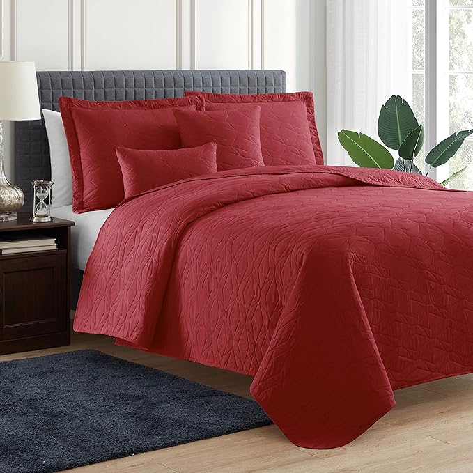 Hearth & Harbor Quilts Queen Size - All Season Bedspread Coverlet Set, Pinsonic Weave Lightweight Bedding Set - 5 Piece Queen Quilt Set with Pillow Shams, Ellipse - Burgundy