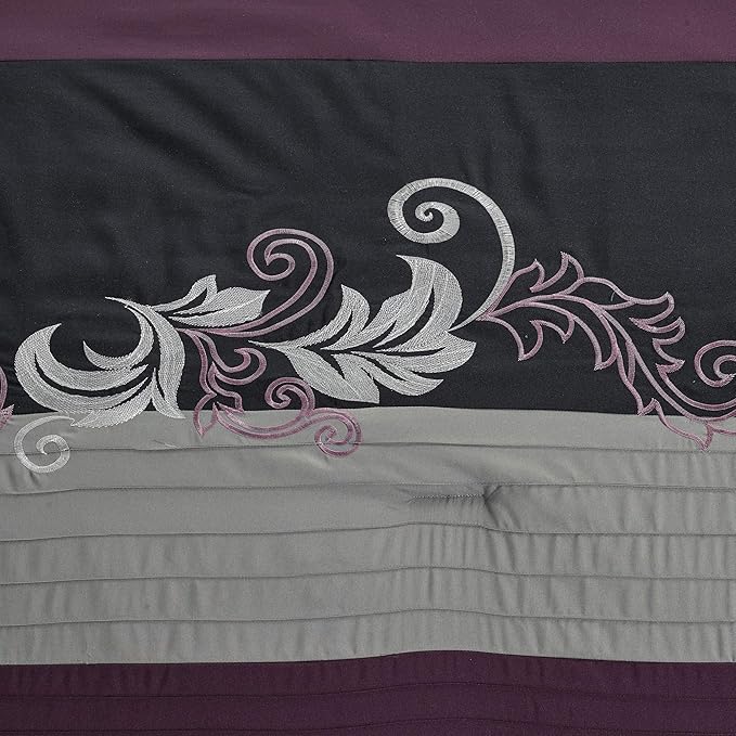 Chezmoi Collection Napa 7-Piece Luxury Leaves Scroll Embroidery Bedding Comforter Set (Oversized King, Purple/Black/Gray)