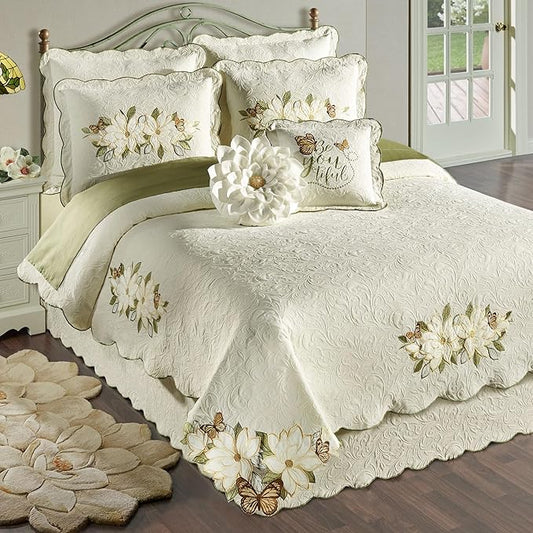 Sweetbay Garden Luxury Matelasse Bedding | Magnolia Flower, Butterfly, & Leaf Velvet Appliques | 4-Pc Ivory Textured Scroll Lightweight Bed Set with Oversized King Coverlet, Bedskirt, and 2 King Shams