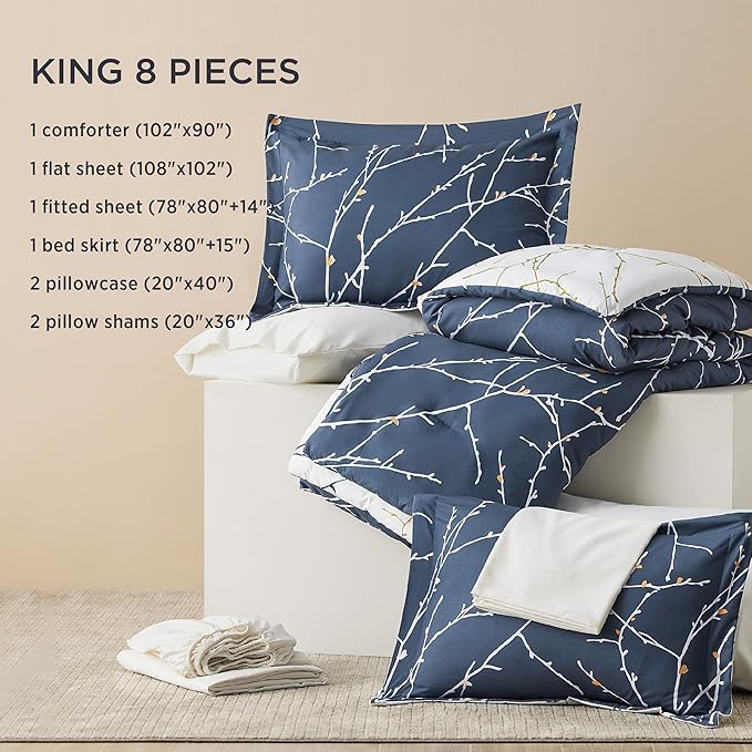Bedsure King Comforter Sets - 7 Pieces Floral Navy Blue Bed Set, Tree Branch Pattern Printed Bed in a Bag King with Comforter, Sheets, Pillowcases & Shams
