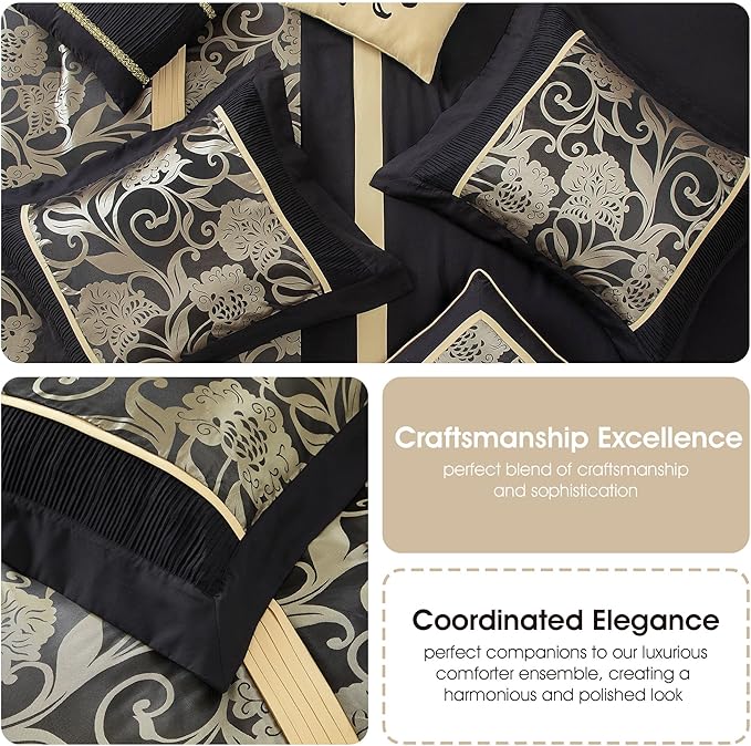 Grand Avenue Jacquard Floral Comforter Set, 7 Pieces King Black Bedding Set, Matching Pillows & Shams, Bed Skirt, Ultra-Soft, Lightweight Microfiber