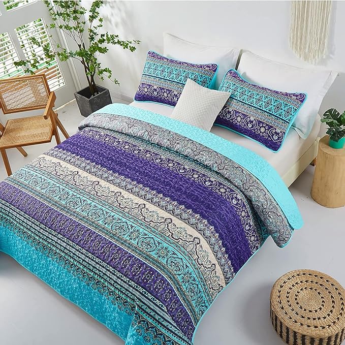 WONGS BEDDING Boho Quilt Twin Size, 2 Pieces Purple Blue Bohemian Lightweight Microfiber Bed Decor Bedspread for All Season 68"x86"