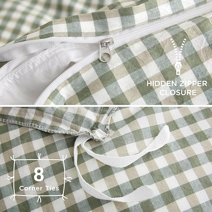 TOCOMOA Green Gingham Duvet Cover Bedding Set 100% Washed Cotton Like Linen Feel Super Soft Comfortable 3 Piece Vintage Plaid Checkered Comforter Cover Set (Full 80"x90", Comforter Not Included)
