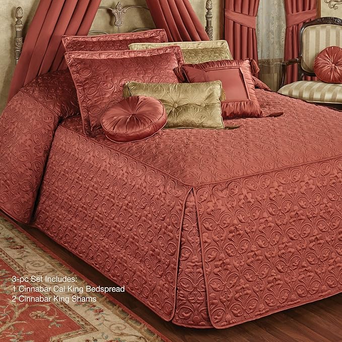 Cambridge Classic Luxury Bedding | Warm Cinnabar Solid Color Polyester Satin | Elaborate Damask Quilting | Fitted, Oversized 24 Inch Drop | 3 Piece Bed Set Includes Cal King Bedspread & 2 King Shams
