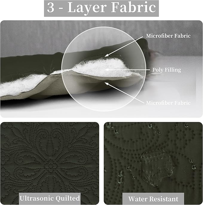 Easy-Going Twin Size Reversible Quilt Set with 1 Quilt and 1 Pillow Sham, Soft Bed Quilt Cover, Water Resistant Lightweight Microfiber Bedspread, Stain Resistant, Damask-Army Green/Beige