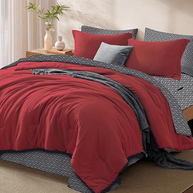 Monbix King Size Comforter Set - 7 Pieces Bright Red Prewashed Bed in a Bag King Bedding Sets with Comforters, All Seasons Ultra Soft Comforter Bed Set with Sheets, Pillowcases & Shams