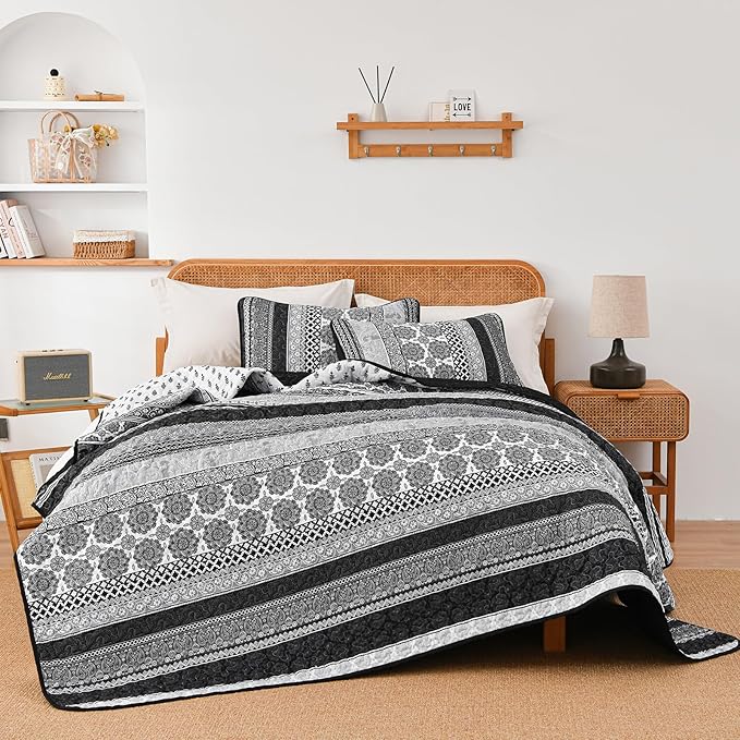 WONGS BEDDING Boho Quilt Set Full Size, Grey Bohemian 3 Pieces Quilt Sets, Lightweight Microfiber Bedspread Coverlet Bedding Set for All Season (78"x90")