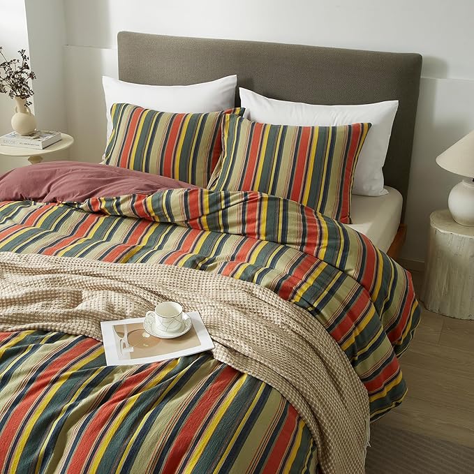 VM VOUGEMARKET Red Green Stripes Duvet Cover Twin XL Boho Farmhouse Style Washed Cotton Multi-Color Striped Bedding Set for Teens 1 Duvet Cover with 2 Pillowcases