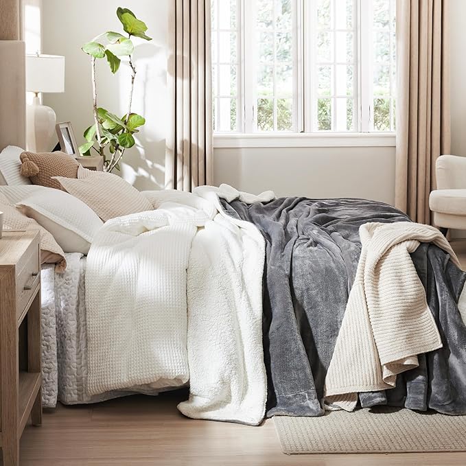 Bedsure GentleSoft Sherpa Fleece Throw Blanket for Couch, Non-Heated, Thick & Warm Christmas Cozy Blanket for Winter, Soft Fuzzy Plush Throw Gifts for Women and Men, Grey, 50x60 Inches