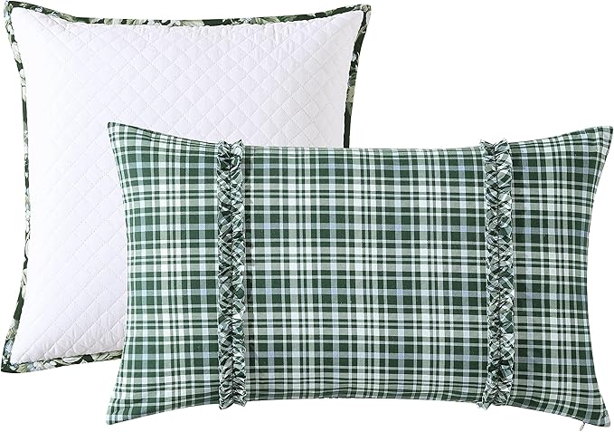 Laura Ashley - Queen Comforter Set, Soft & Reversible Cotton Bedding, Medium Weight 7 Piece Bed Set with Matching Pillowcases, Euro Shams & Bonus Throw Pillow Covers (Bramble Floral Green)